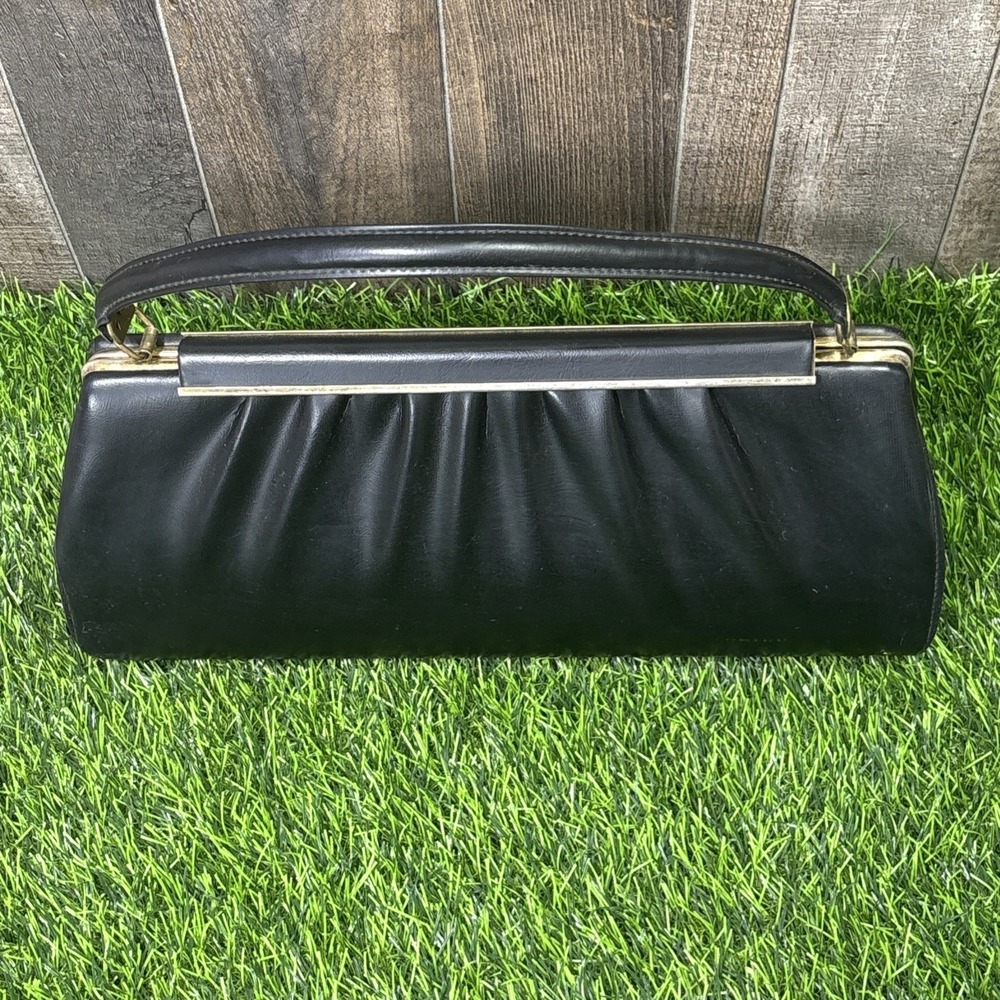 Vtg 50s Black Leather Wrapped Metal Top Handle Bag Gold Frame Clasp Purse - Picture 2 of 15